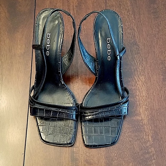 bebe Shoes - Bebe strappy black croc print mule/heels size 9.5